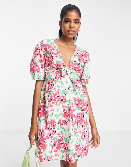 Pieces puff sleeve tie detail mini dress in white floral | ASOS