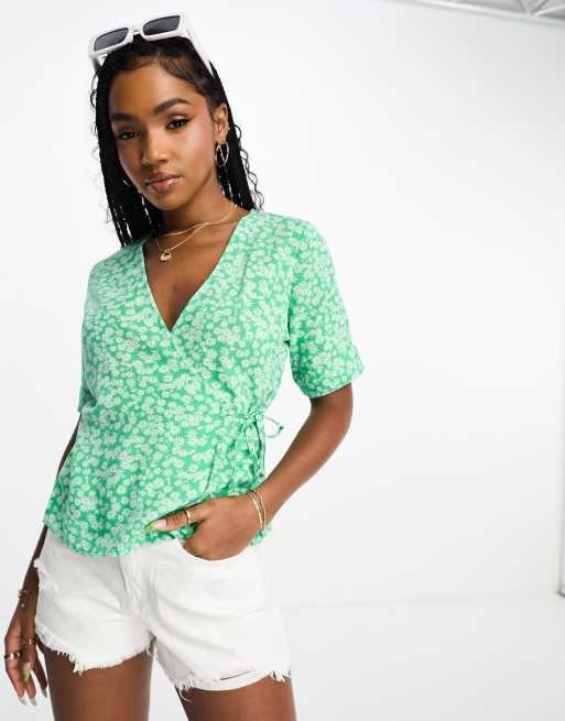 Pieces puff sleeve tie side blouse in green ditsy floral - part of a set