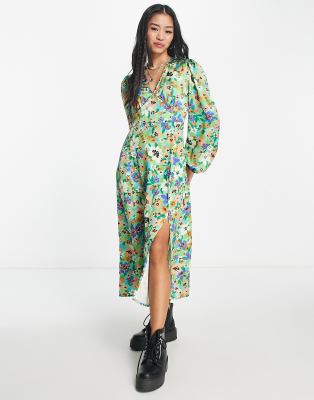 Pieces puff sleeve v neck midi dress with side split in green floral - view 1