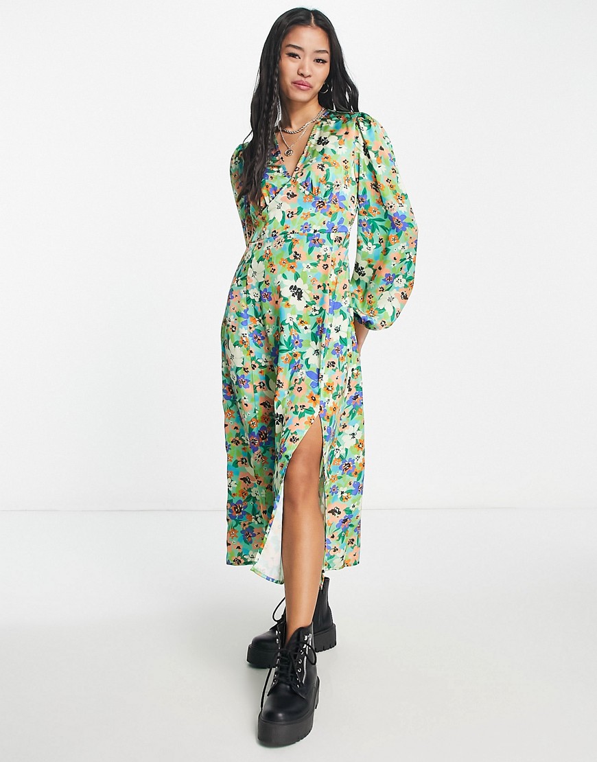Pieces puff sleeve v neck midi dress with side split in green floral-Multi