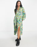 [Pieces] Pieces puff sleeve v neck midi dress with side split in green floral-Multi S Green floral