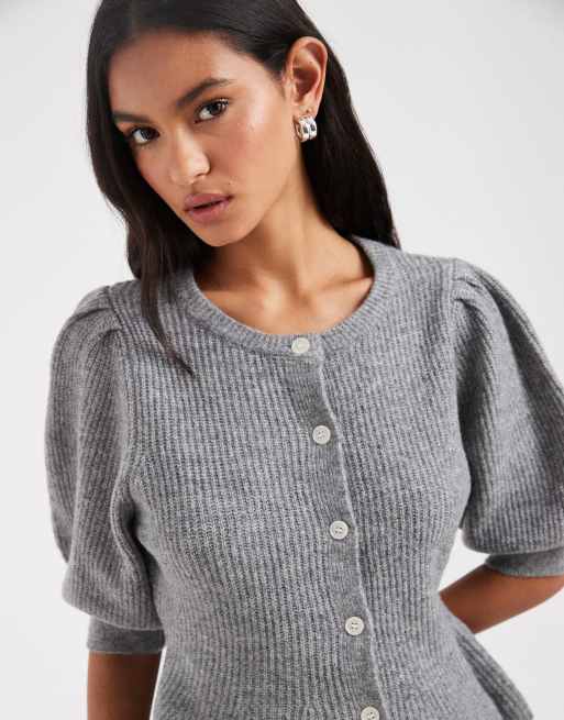 Pieces puff sleeve waist detail cardigan in medium gray melange, 3 of 4