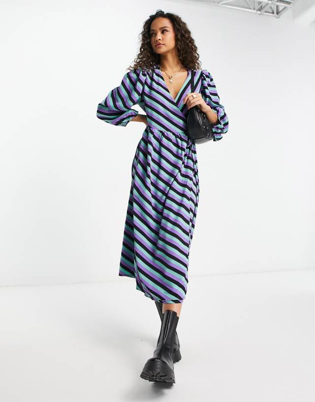 Pieces puff sleeve wrap midi dress in multi stripe