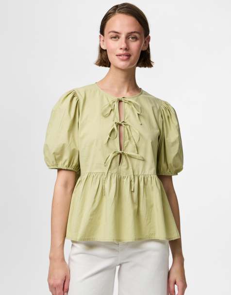 Pieces Puff sleeved top in sage green - view 1
