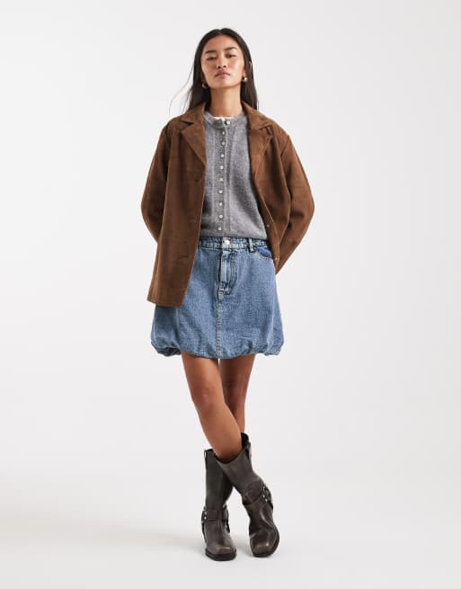 Pieces puffball hem denim mini skirt in light blue, 2 of 5