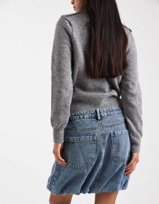Pieces puffball hem denim mini skirt in light blue, 4 of 5