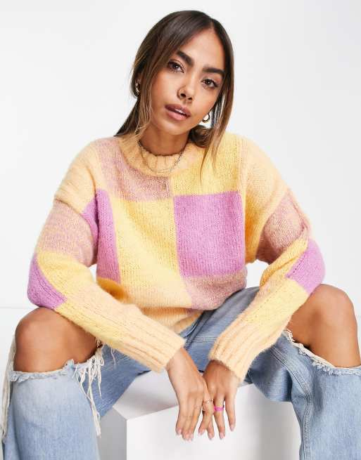 Pieces - Pull color block - Jaune et rose