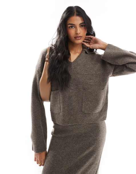 Pieces - Pull d'ensemble à col polo ouvert - Taupe foncé - view 1
