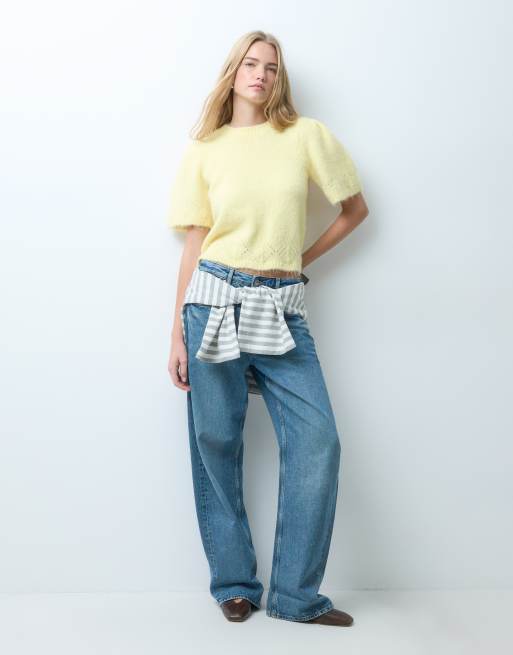 Pieces pull en maille douce à manches courtes jaune crème, 2 de 4