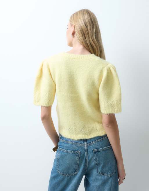 Pieces pull en maille douce à manches courtes jaune crème, 4 de 4