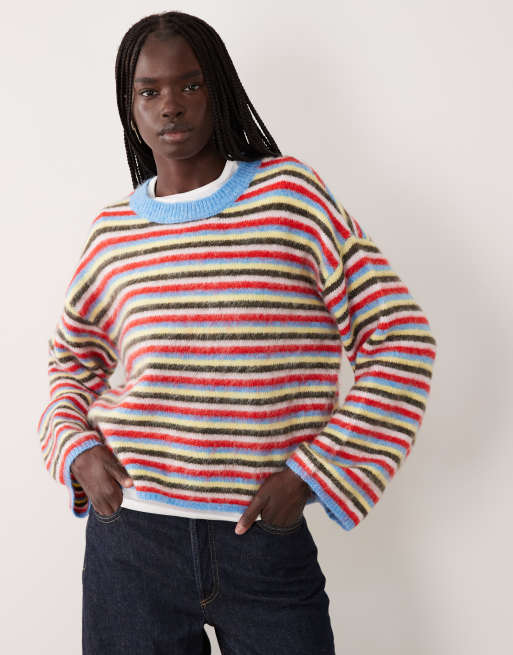 Pieces pull en maille duveteuse oversize à rayures vives, 2 de 4
