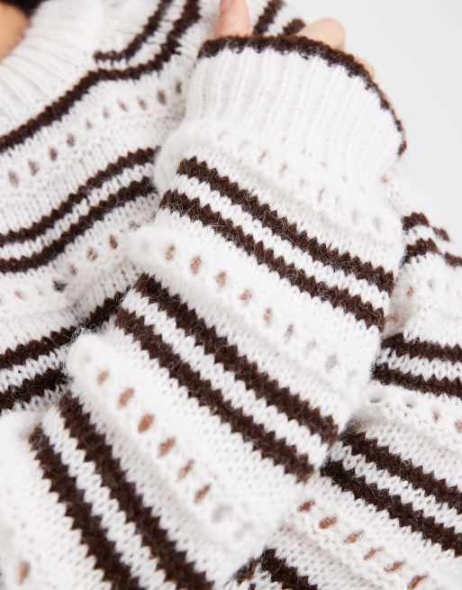 Pieces - Pull en maille pointelle - Blanc et marron chocolat, 3 de 4
