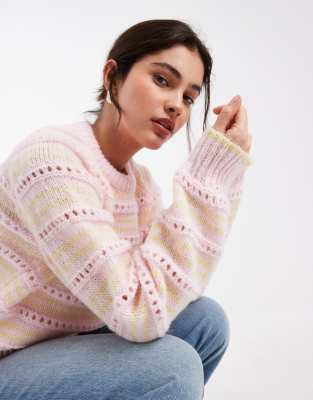 Pieces - Pull en maille pointelle - Rose et jaune pâle