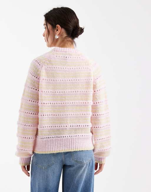 Pieces - Pull en maille pointelle - Rose et jaune pâle, 4 de 4