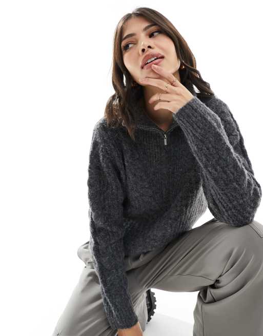 Pieces - Pull en maille torsadée à col zippé - Gris