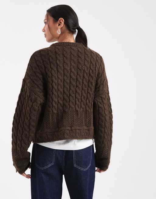 Pieces - Pull en maille torsadée - Marron chocolat, 4 de 4