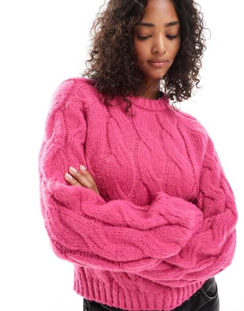 Pieces - Pull en maille torsadée - Rose vif - view 1
