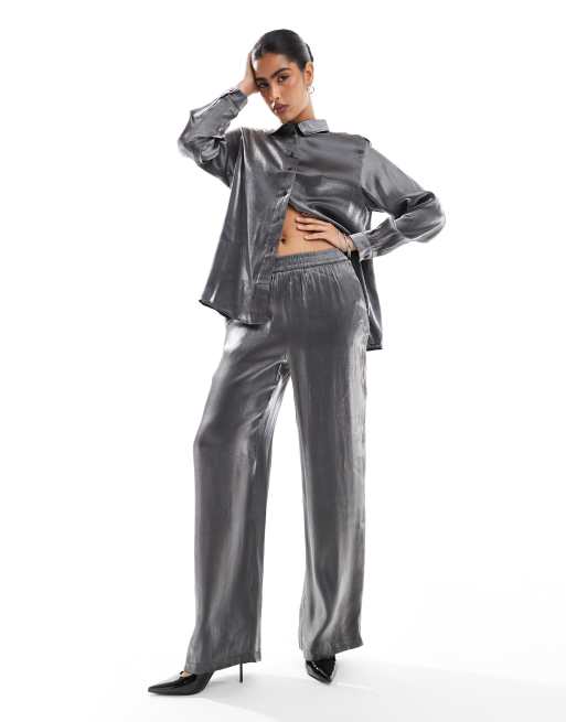 Pieces pull on pants in metallic gray - part of a set