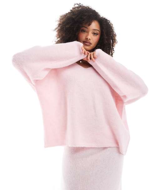 Pieces - Pull oversize d'ensemble à col V en maille duveteuse - Rose - view 1