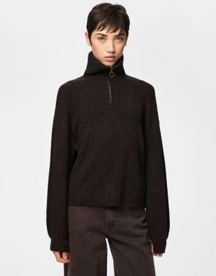 Pieces - Pullover in Delicioso-Braun mit kurzem Reißverschluss