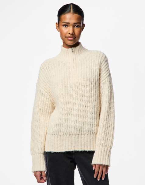 Pieces – Pullover in Grauweiß mit kurzem Reißverschluss - view 1