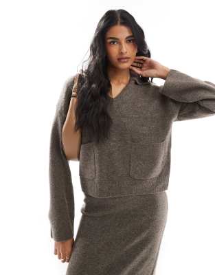 Pieces - Pullover in tiefem Taupe mit offenem Polokragen, Kombiteil-Neutral