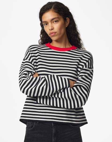 Pieces pullover lavorato a maglia con scollo rosso e righe nere e bianche - view 1