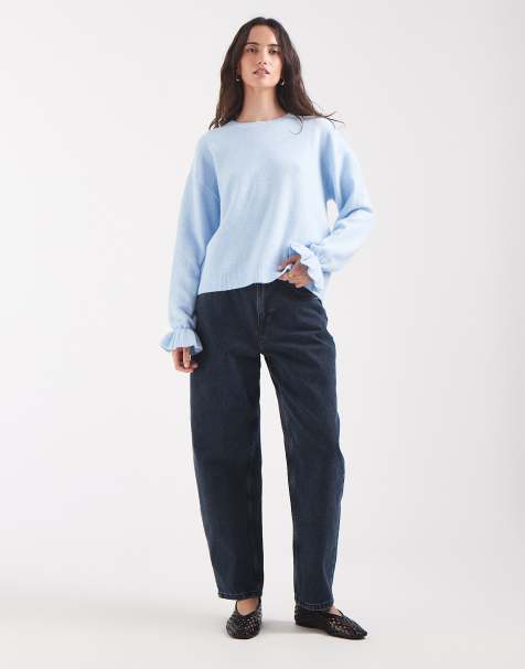 Pieces Pullover mit Rüschen an den Bündchen, langärmlig, gestrickt, in Hellblau - view 1