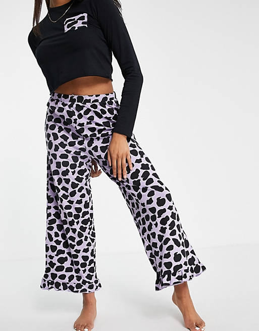 Women Pieces pyjama set in black & lilac leopard 