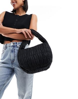 Pieces textured quilted shoulder bag in black