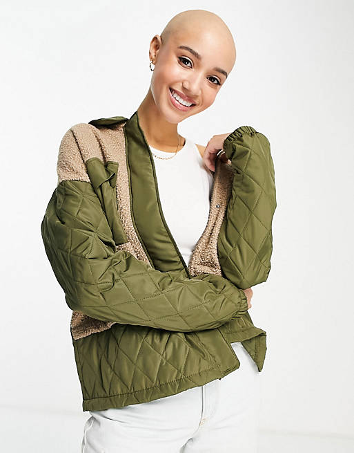 Pieces quilted jacket with borg and pocket detail in khaki