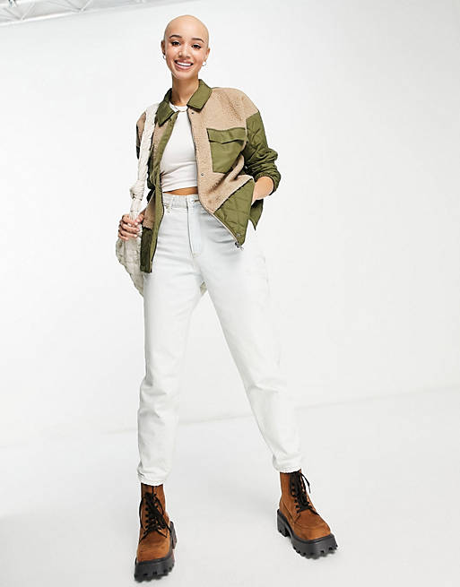 Coats & Jackets Pieces quilted jacket with borg and pocket detail in khaki 