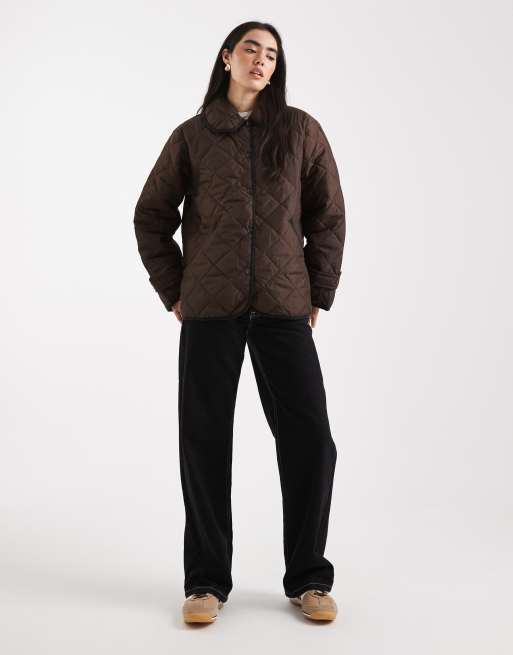 Pieces quilted jacket with collar detail in chocolate brown, 2 of 4