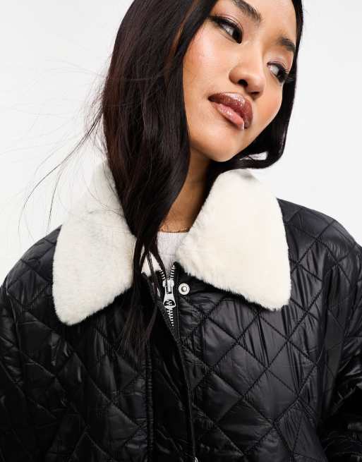 Swirl Quilted Fur Collar Pu Coat