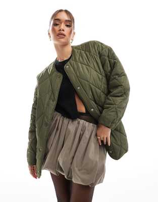 Pieces quilted lightweight jacket in khaki-Green
