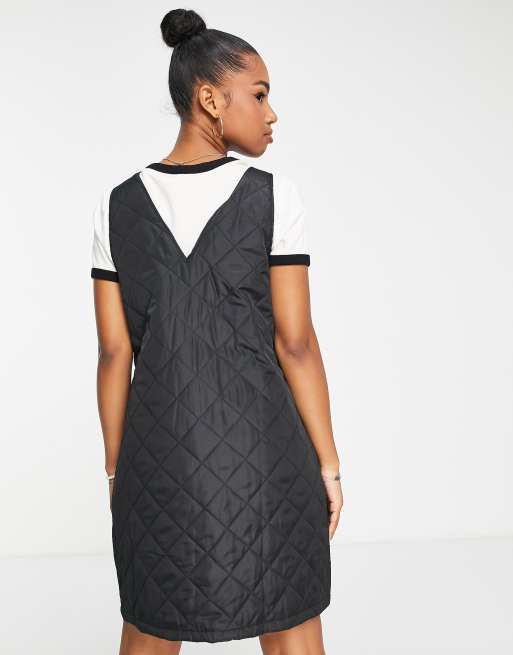 Pieces quilted mini pinafore dress in black