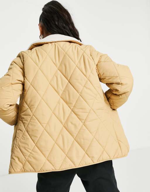 Pieces quilted padded jacket with contrast collar in beige, 2 of 4
