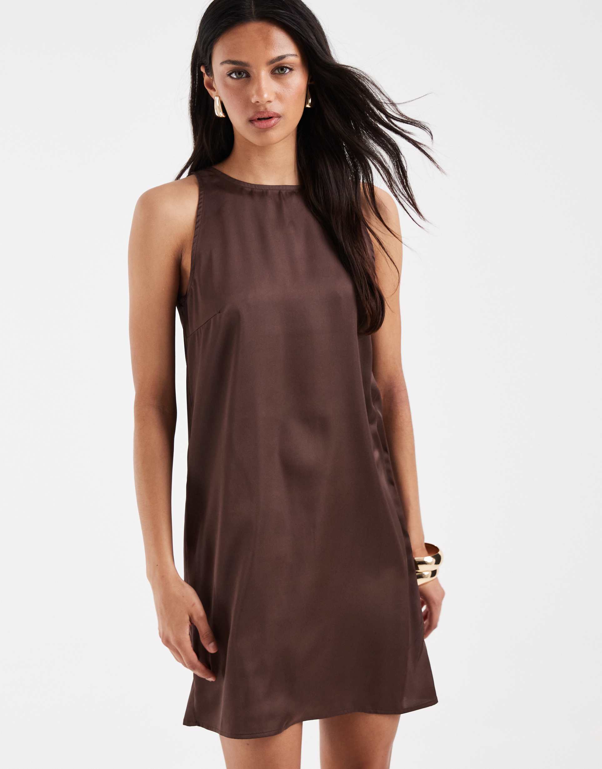 pieces racer neck satin mini dress in coffee brown