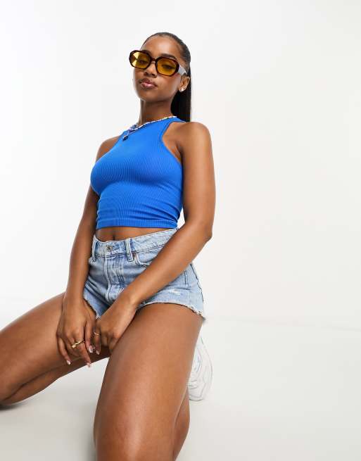 Pieces racer neck singlet top in bright blue