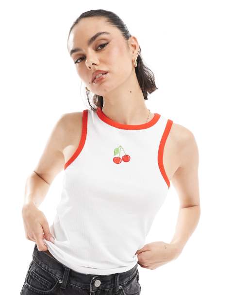 Pieces racer neck singlet top with embroidered cherry graphic in white - view 1