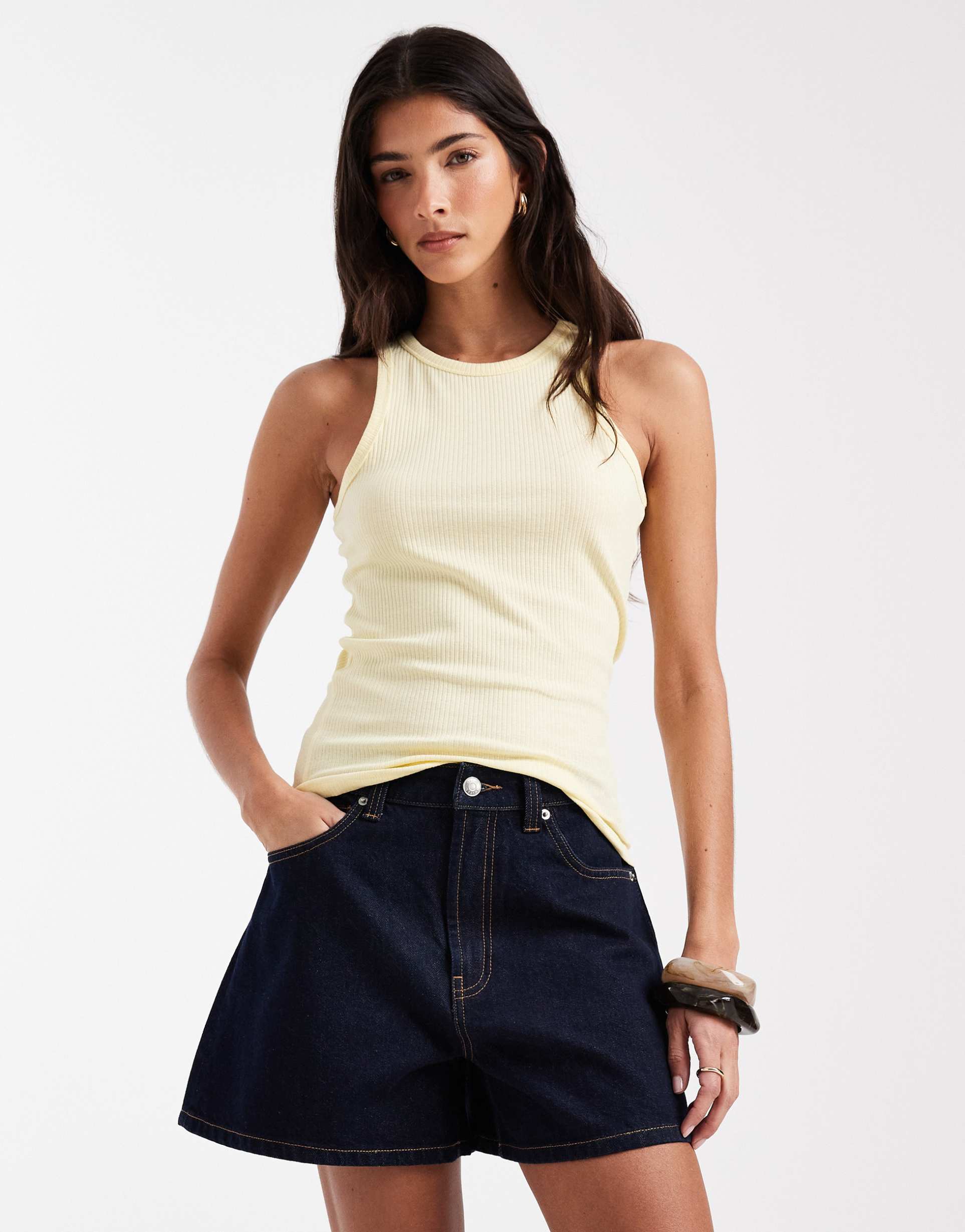 pieces racer neck tank top in pale yellow