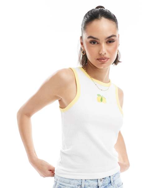 Pieces racer neck tank top with embroidered lemon graphic in white - view 1
