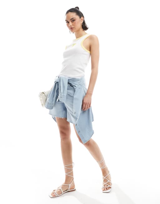 Pieces racer neck tank top with embroidered lemon graphic in white