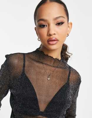 Pieces rachel glitter mesh long sleeve top in black