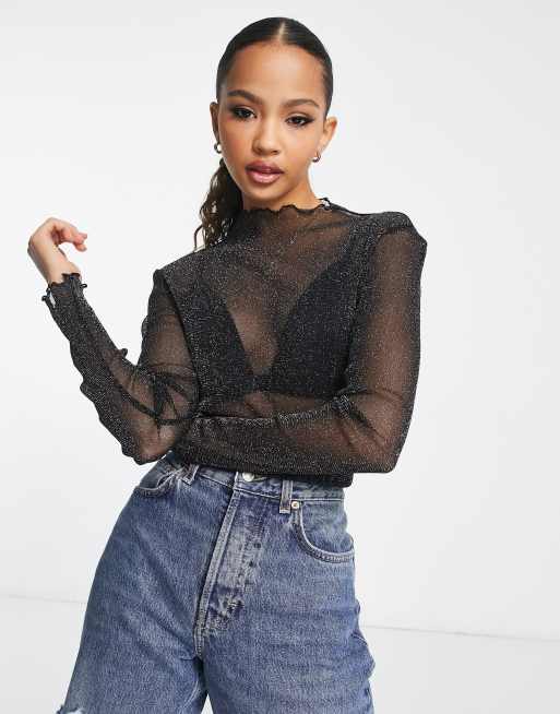 Afhankelijk Ambacht Oswald Pieces rachel glitter mesh long sleeve top in black | ASOS