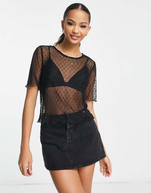 Pieces - Rachel - Top a maniche corte in rete nero