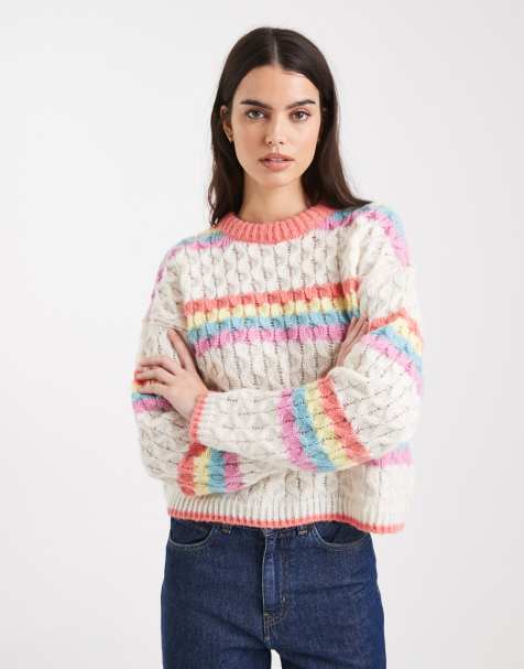 Pieces rainbow stripe knitted jumper in white