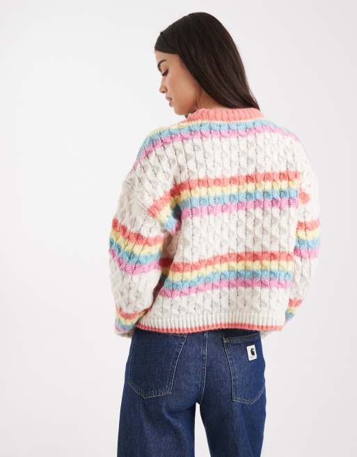 Pieces rainbow stripe knitted jumper in white, 3 of 4