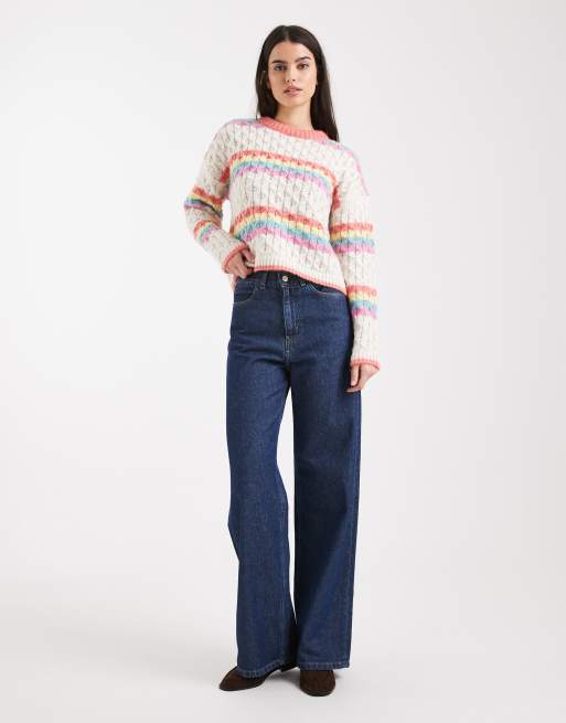 Pieces rainbow stripe knitted jumper in white, 4 of 4