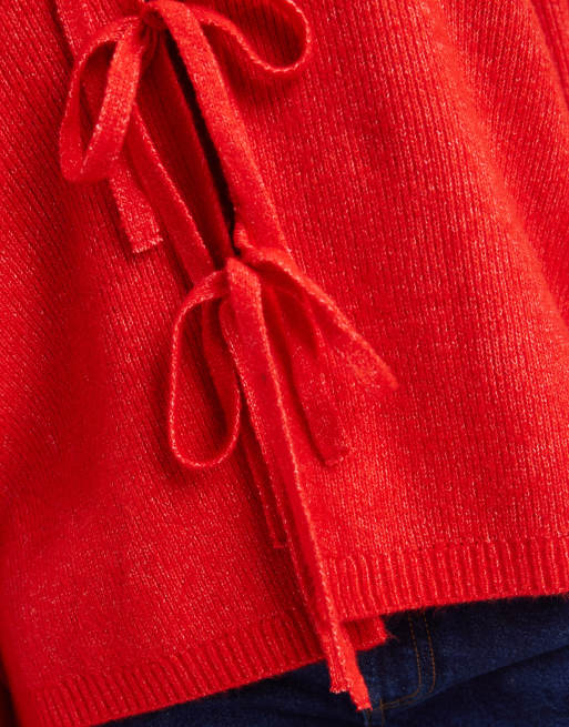 Pieces - Rød cardigan med bindebånd foran, 3 af 4